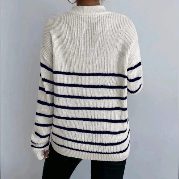 NEW Chic Zip Striped Oversized Knit Pullover Sweater Top White Black - Picture 5 of 8